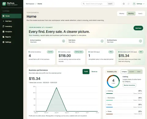 FlipFinds desktop dashboard with example inventory and recorded business results